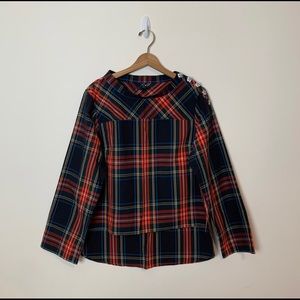 J Crew Stewart Tartan holiday ready Funnel Neck top with elegant jeweled button